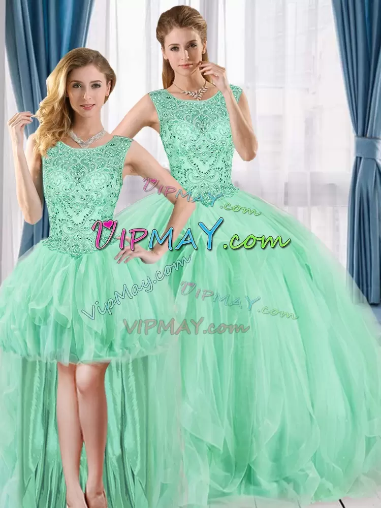 Designer Scoop Sleeveless Tulle Quinceanera Gowns Beading Lace Up