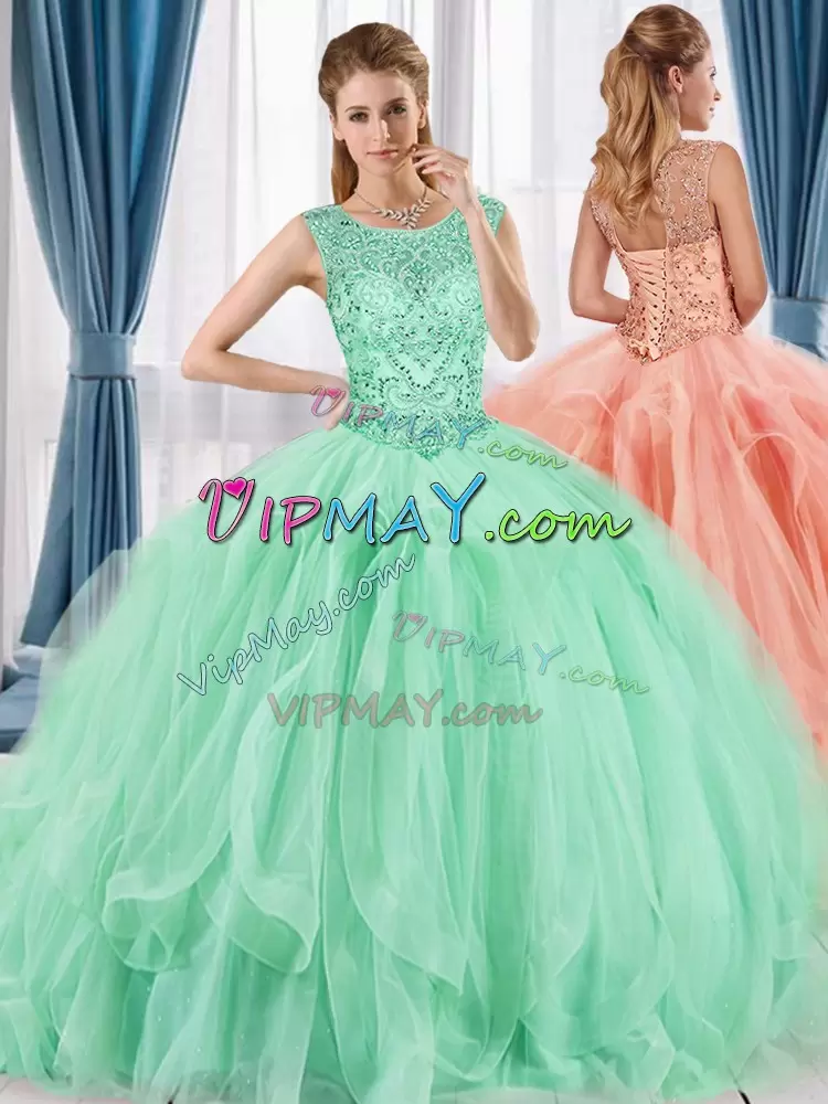 Designer Scoop Sleeveless Tulle Quinceanera Gowns Beading Lace Up