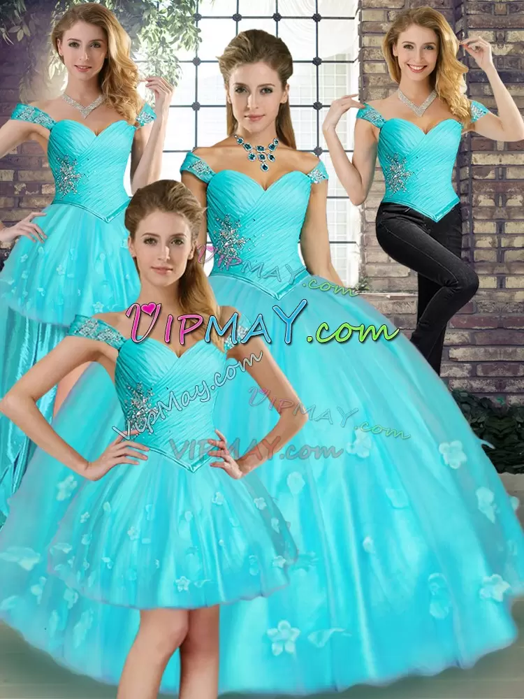 Luxurious Aqua Blue Tulle Lace Up Off The Shoulder Sleeveless Floor Length Vestidos de Quinceanera Beading and Appliques