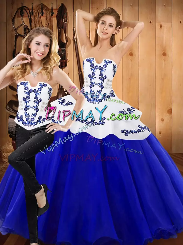 Embroidery Quince Ball Gowns Royal Blue Lace Up Sleeveless Floor Length