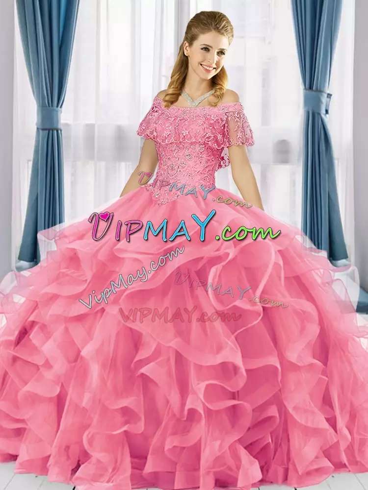 Discount Watermelon Red Ball Gowns Beading and Ruffles 15th Birthday Dress Lace Up Tulle Sleeveless