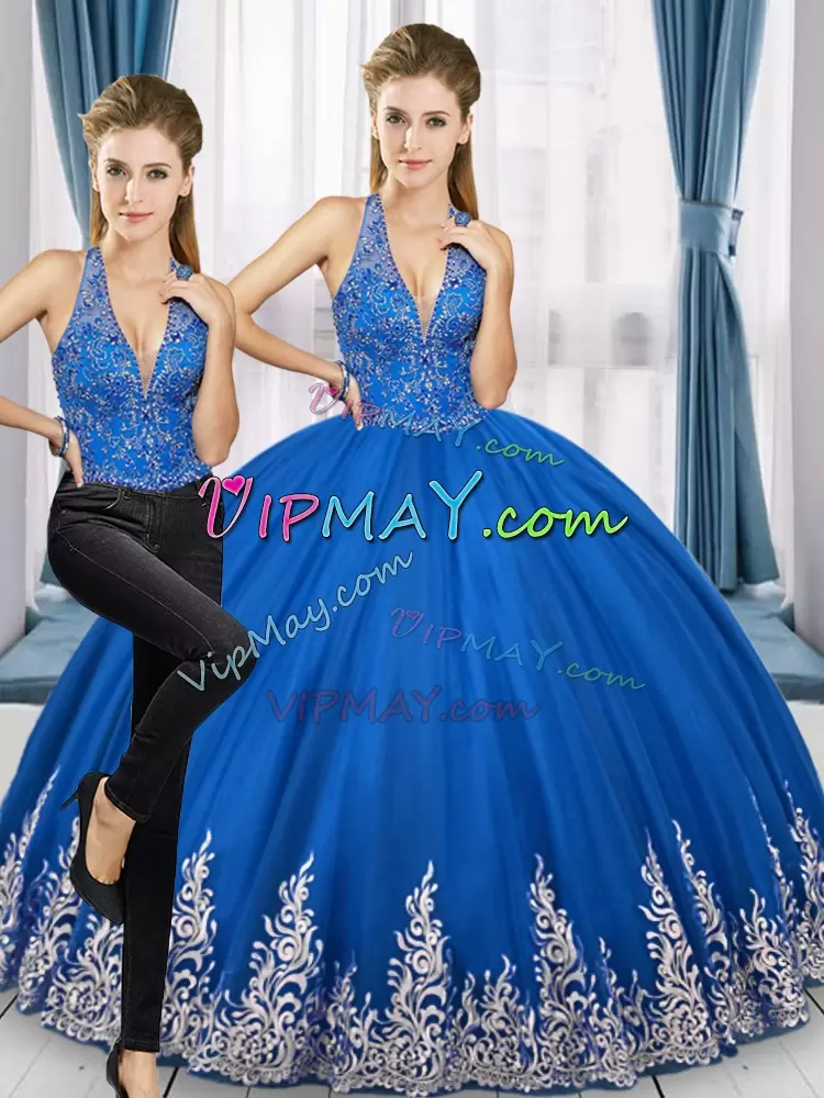 Noble Two Pieces Quinceanera Dress Royal Blue Halter Top Tulle Sleeveless Floor Length Lace Up