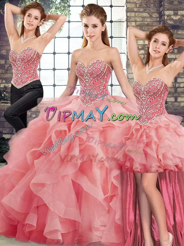 Simple Brush Train Three Pieces Ball Gown Prom Dress Watermelon Red Sweetheart Tulle Sleeveless Lace Up