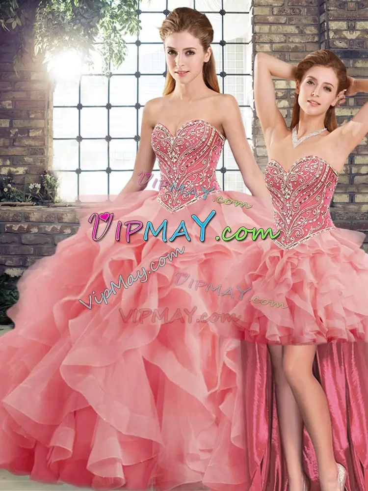 Simple Brush Train Three Pieces Ball Gown Prom Dress Watermelon Red Sweetheart Tulle Sleeveless Lace Up