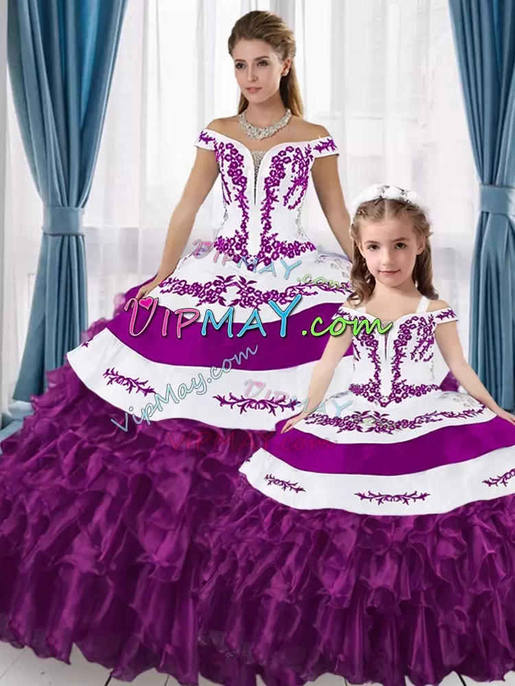 Trendy White And Purple Ball Gown Prom Dress Sweet 16 and Quinceanera with Embroidery and Ruffled Layers Off The Shoulder Sleeveless Lace Up