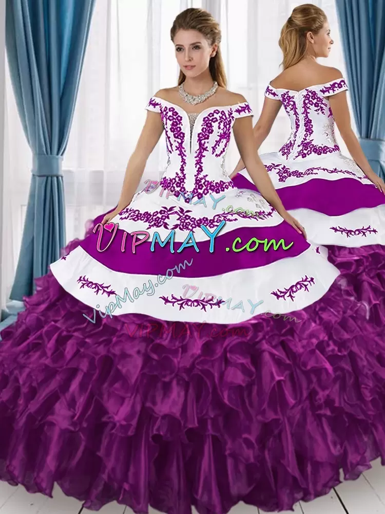 Trendy White And Purple Ball Gown Prom Dress Sweet 16 and Quinceanera with Embroidery and Ruffled Layers Off The Shoulder Sleeveless Lace Up
