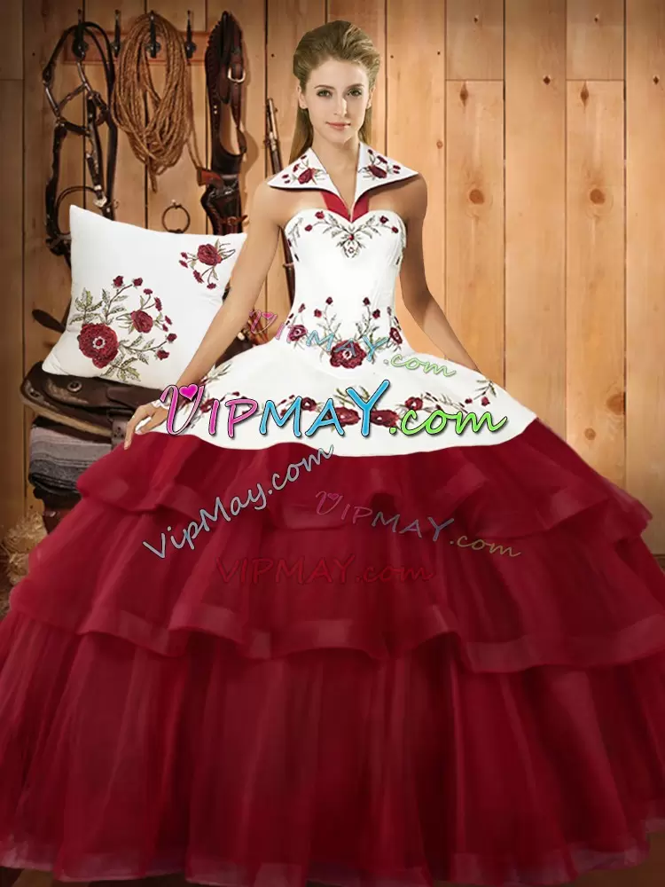 Wonderful Wine Red Satin and Organza Lace Up Sweet 16 Dresses Sleeveless With Train Sweep Train Embroidery and Ruffled Layers