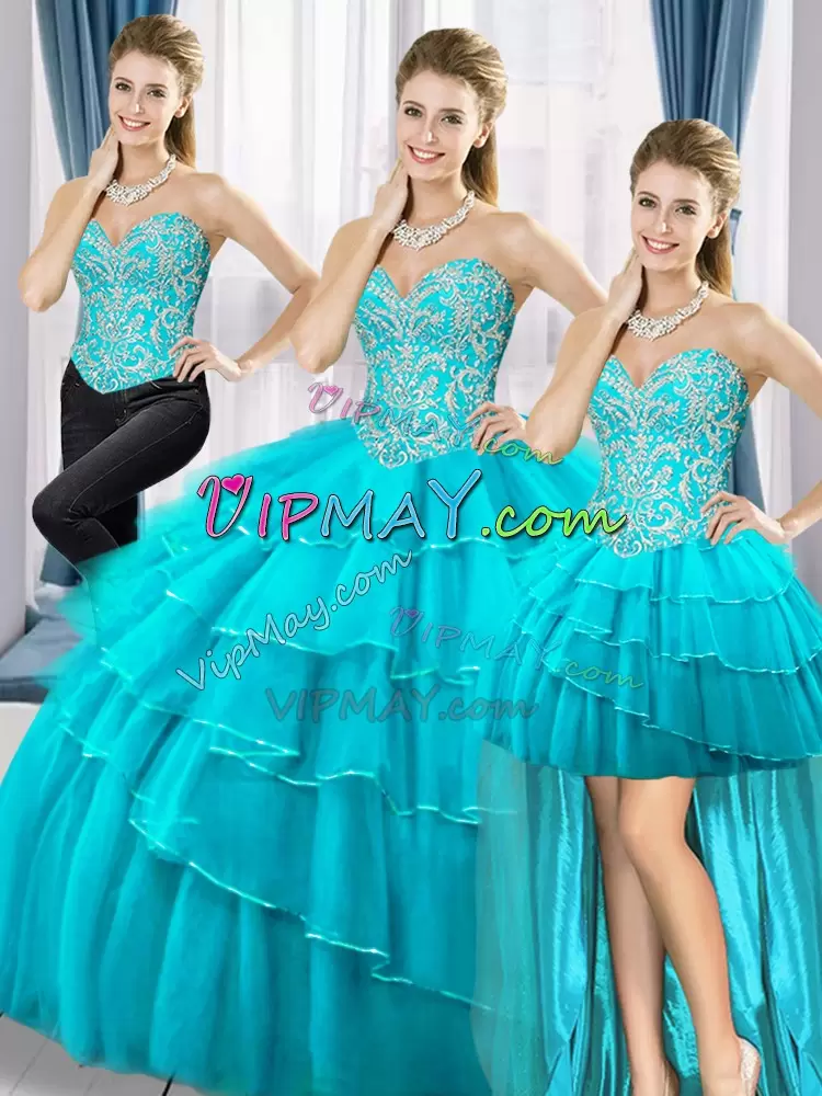 High Class Aqua Blue Lace Up 15th Birthday Dress Beading and Ruffled Layers Sleeveless Floor Length