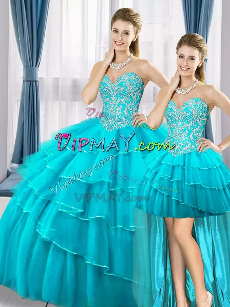 High Class Aqua Blue Lace Up 15th Birthday Dress Beading and Ruffled Layers Sleeveless Floor Length