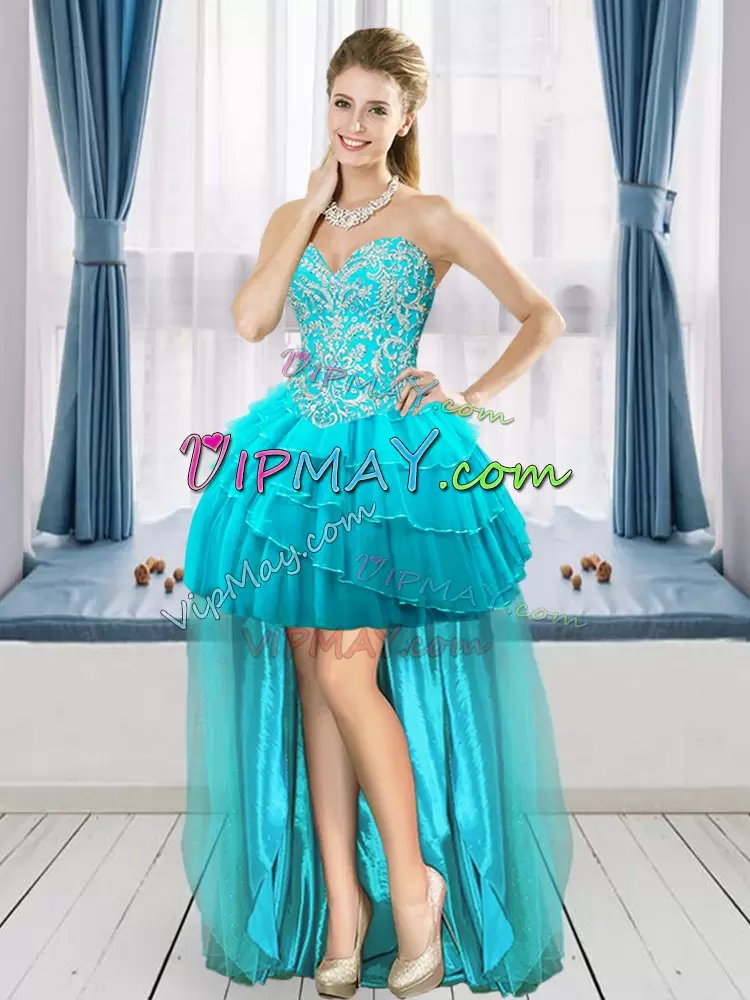 High Class Aqua Blue Lace Up 15th Birthday Dress Beading and Ruffled Layers Sleeveless Floor Length