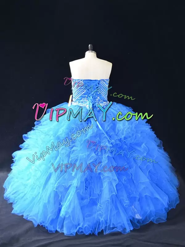 Wonderful Blue Sweetheart Neckline Beading and Ruffles Ball Gown Prom Dress Sleeveless Lace Up