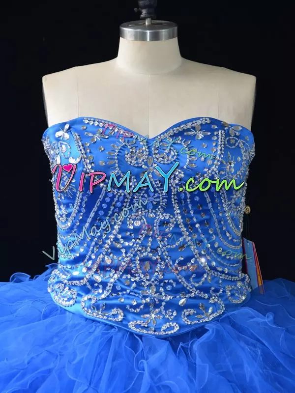 Wonderful Blue Sweetheart Neckline Beading and Ruffles Ball Gown Prom Dress Sleeveless Lace Up