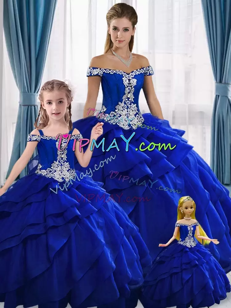 Exceptional Royal Blue Ball Gowns Appliques Quinceanera Gown Lace Up Organza Sleeveless Floor Length