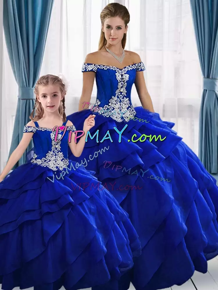 Exceptional Royal Blue Ball Gowns Appliques Quinceanera Gown Lace Up Organza Sleeveless Floor Length