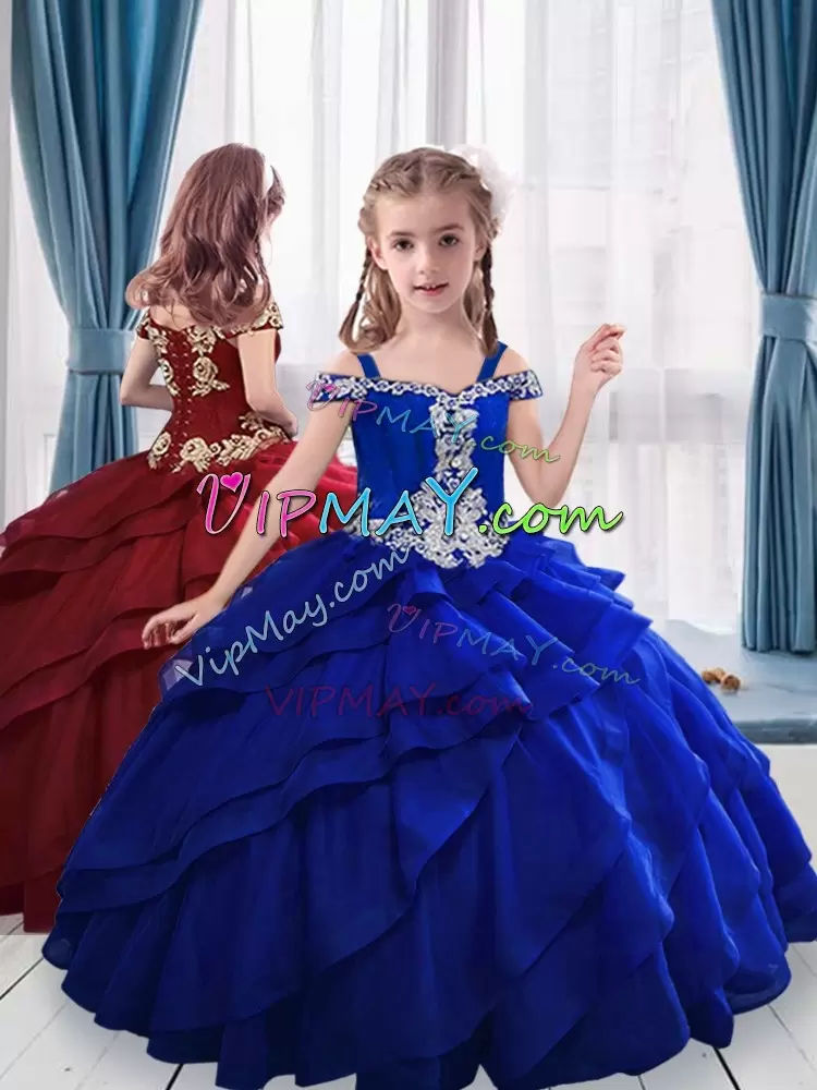 Exceptional Royal Blue Ball Gowns Appliques Quinceanera Gown Lace Up Organza Sleeveless Floor Length