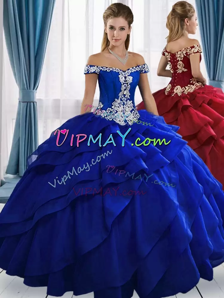 Exceptional Royal Blue Ball Gowns Appliques Quinceanera Gown Lace Up Organza Sleeveless Floor Length