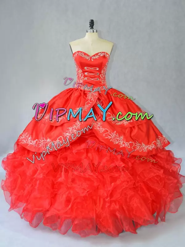 Sleeveless Sweetheart Side Zipper Floor Length Embroidery and Ruffles Sweet 16 Quinceanera Dress Sweetheart