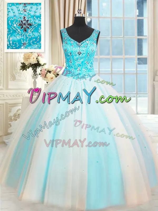 Tulle Sleeveless Lace Up Beading 15 Quinceanera Dress in White and Blue