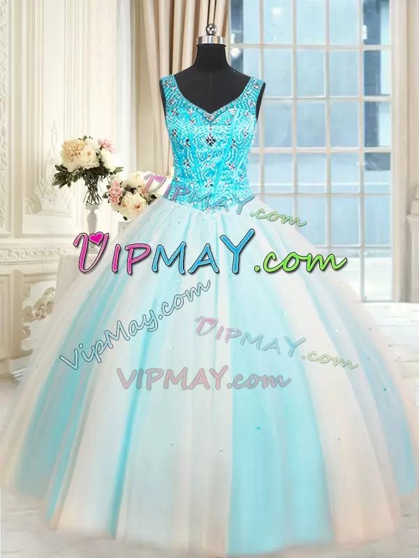 Tulle Sleeveless Lace Up Beading 15 Quinceanera Dress in White and Blue