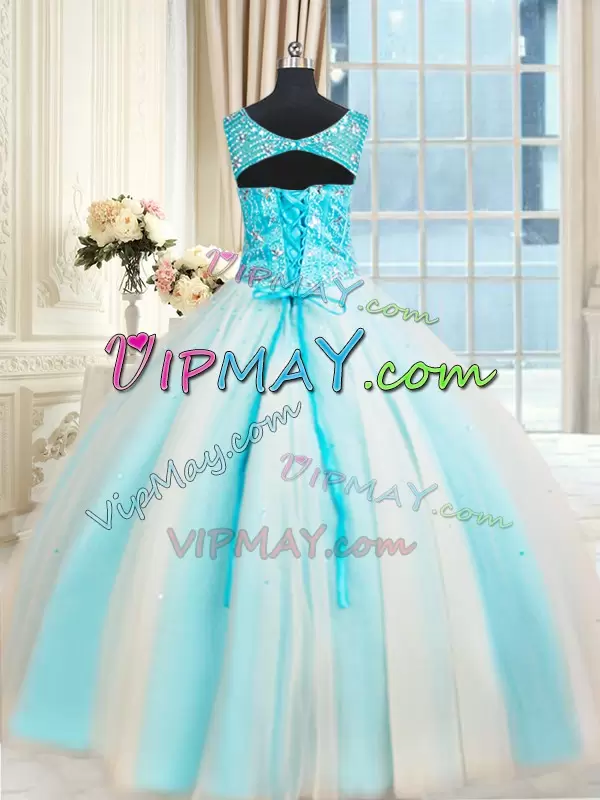 Tulle Sleeveless Lace Up Beading 15 Quinceanera Dress in White and Blue