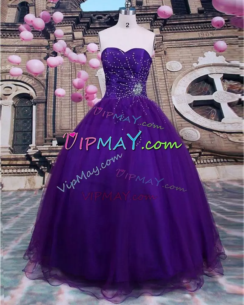 Designer Beading Sweet 16 Dresses Purple Lace Up Sleeveless Floor Length