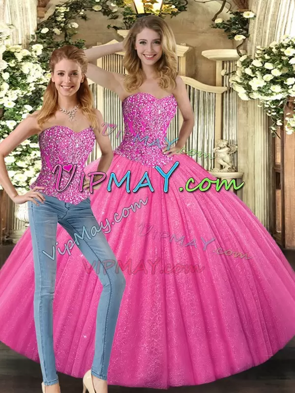 Hot Pink Lace Up Ball Gown Prom Dress Beading Sleeveless Floor Length