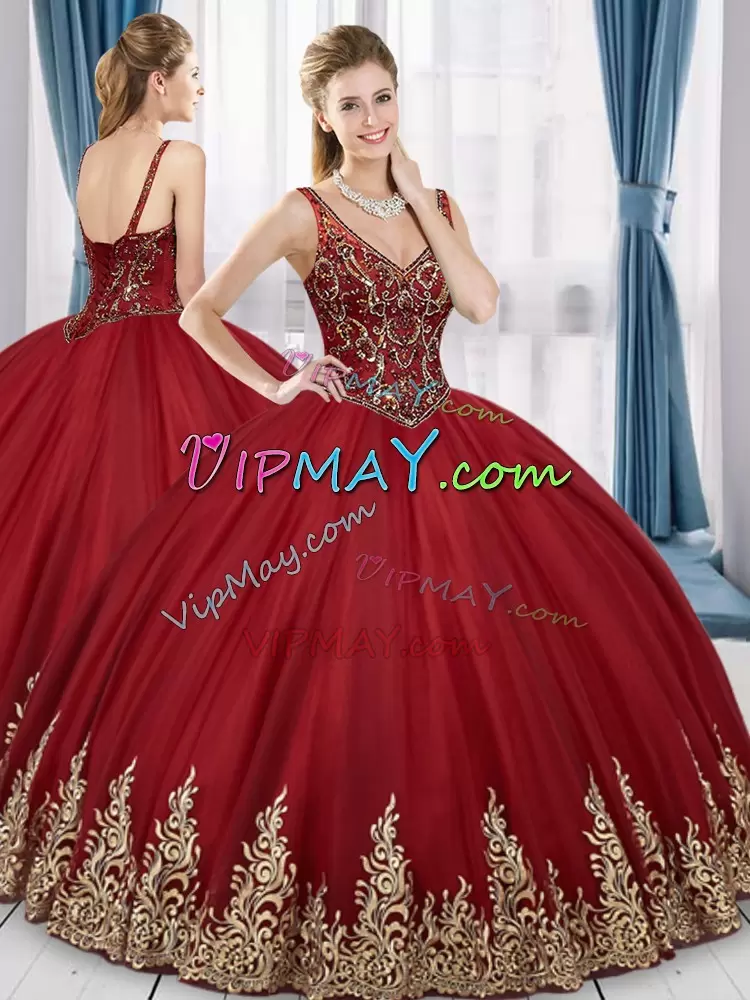 Wine Red Ball Gowns Beading and Embroidery Sweet 16 Dress Lace Up Tulle Sleeveless Floor Length