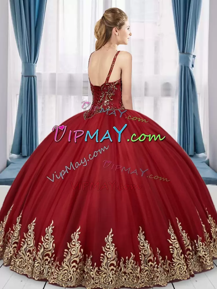 Wine Red Ball Gowns Beading and Embroidery Sweet 16 Dress Lace Up Tulle Sleeveless Floor Length