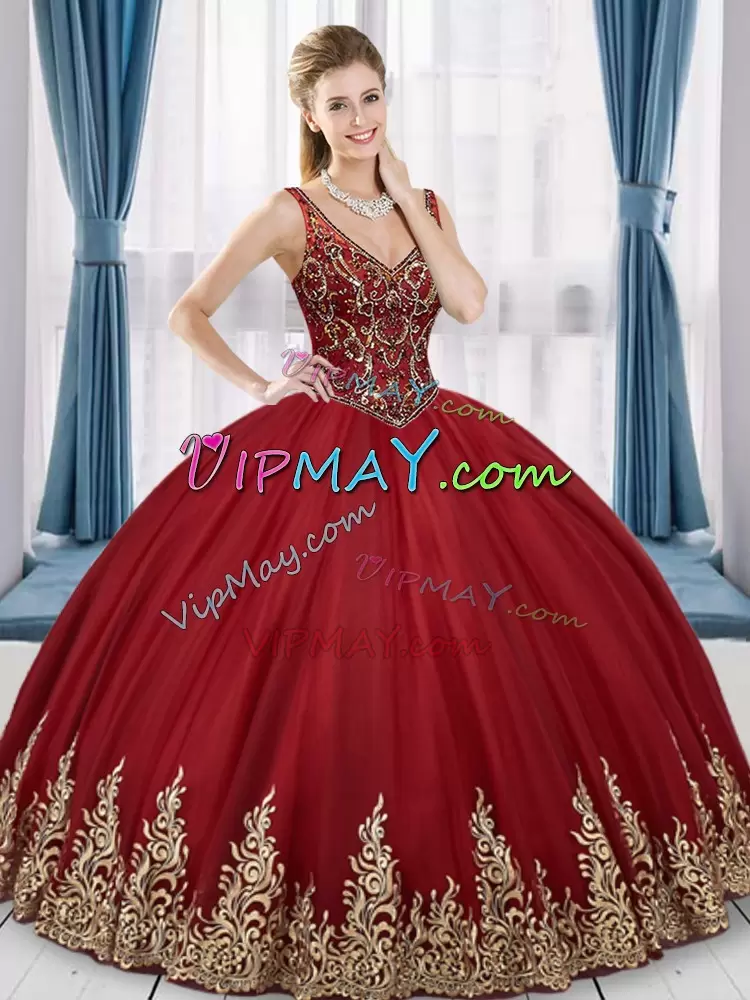 Wine Red Ball Gowns Beading and Embroidery Sweet 16 Dress Lace Up Tulle Sleeveless Floor Length