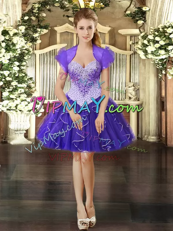 Affordable Purple Sleeveless Tulle Lace Up Sweet 16 Dress for Military Ball and Sweet 16 and Quinceanera