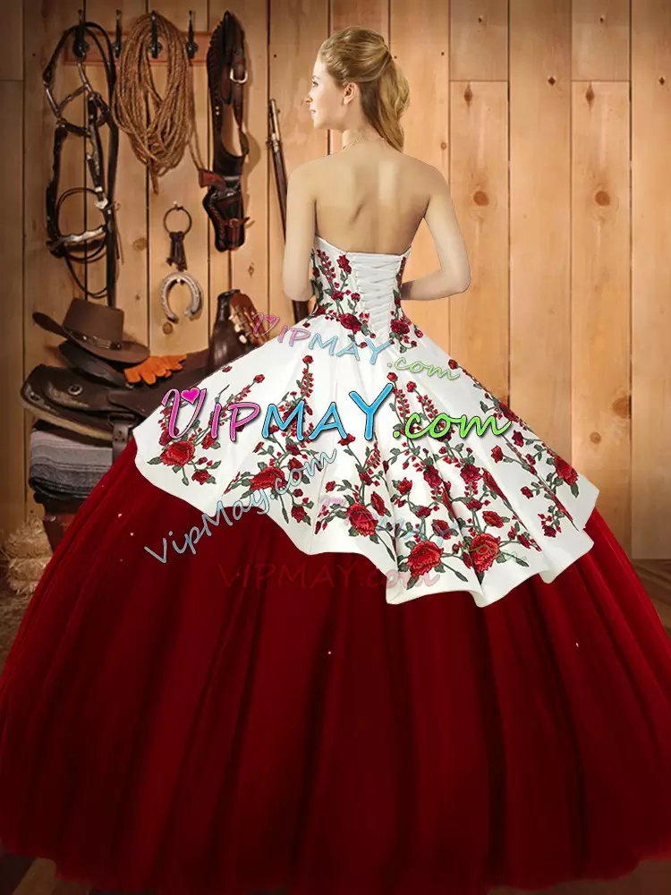 Eye-catching Sleeveless Floor Length Embroidery Lace Up Quince Ball Gowns with Burgundy