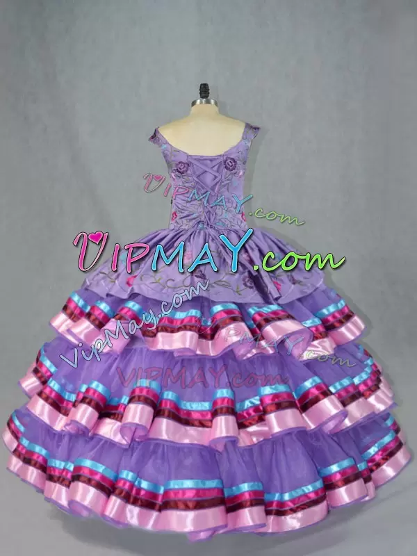 Inexpensive Lavender Sleeveless Floor Length Embroidery and Ruffled Layers Lace Up Quinceanera Gown Straps