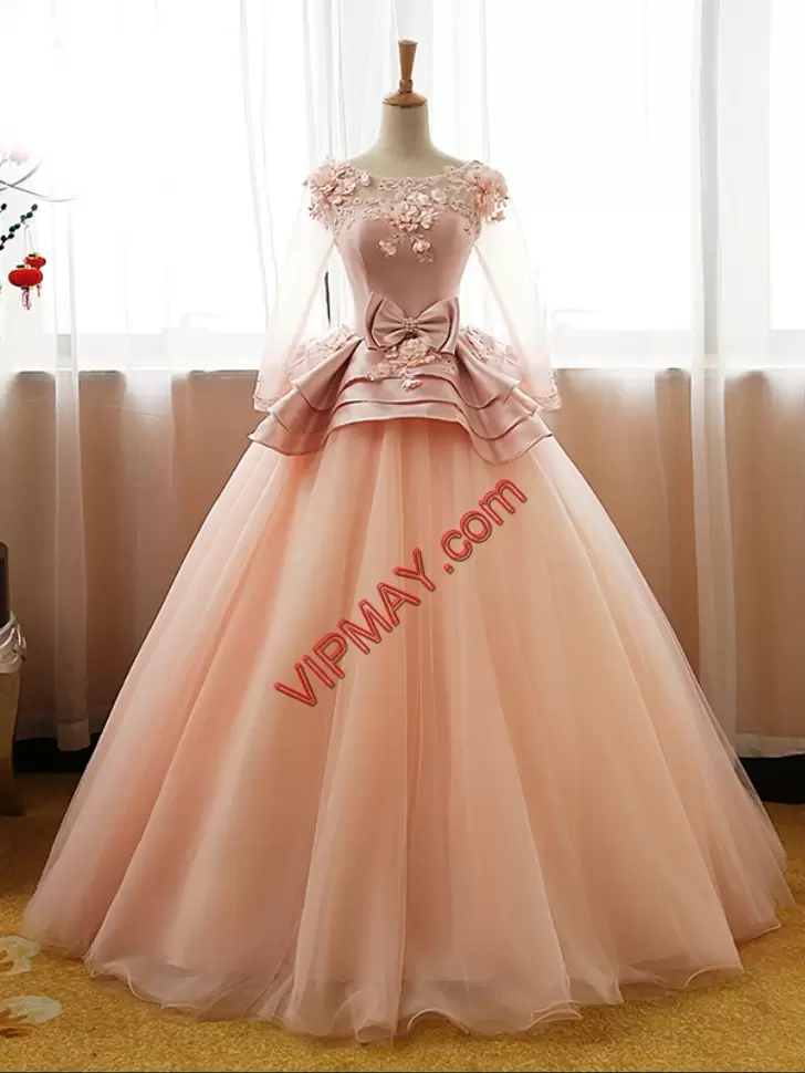 Pink Lace Up Quinceanera Gowns Appliques and Bowknot Long Sleeves Floor Length