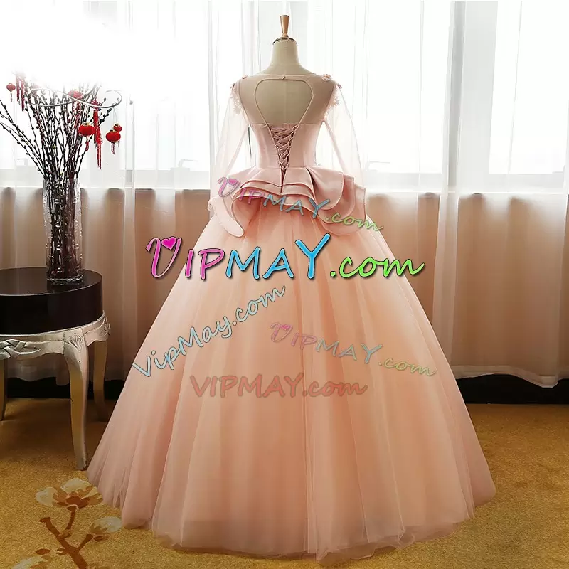 Pink Lace Up Quinceanera Gowns Appliques and Bowknot Long Sleeves Floor Length
