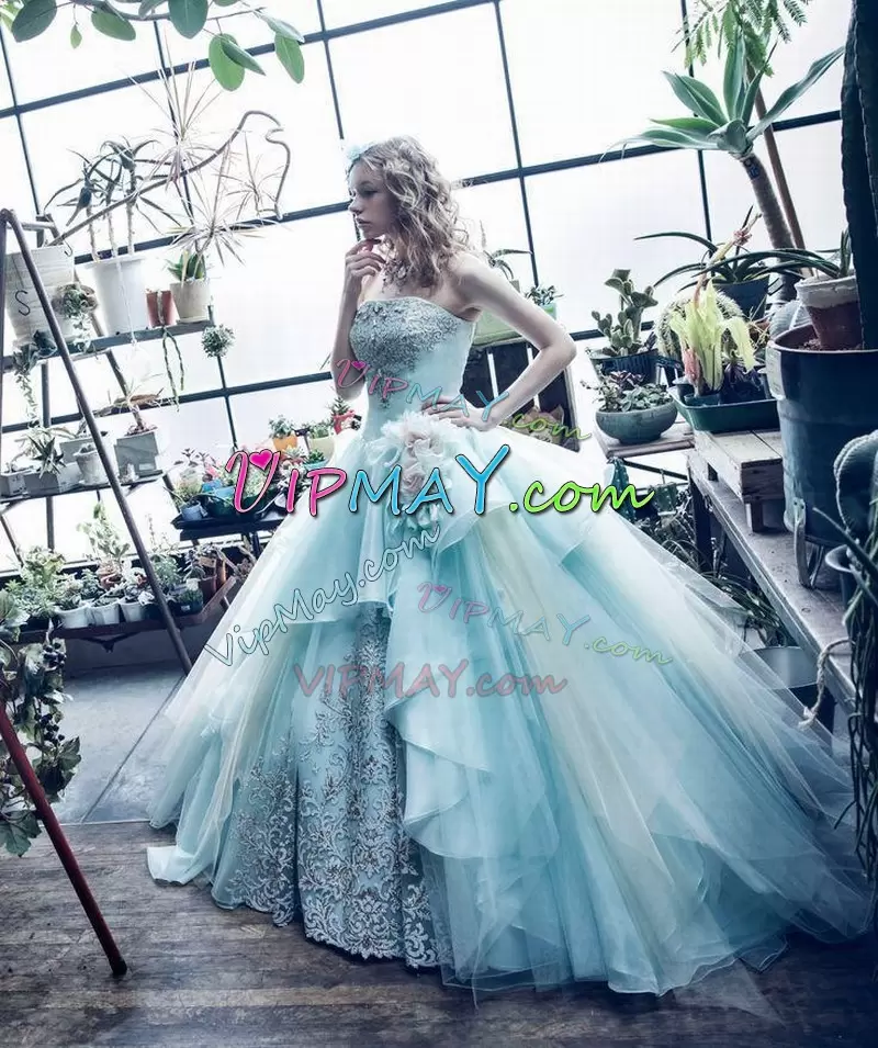 Tulle Lace and Appliques Quinceanera Dress with Hand Made Flowers On Waist