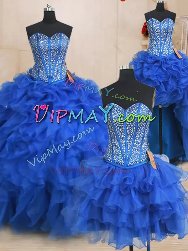 Superior Royal Blue Ball Gowns Sweetheart Sleeveless Organza Floor Length Lace Up Beading and Ruffles Quince Ball Gowns