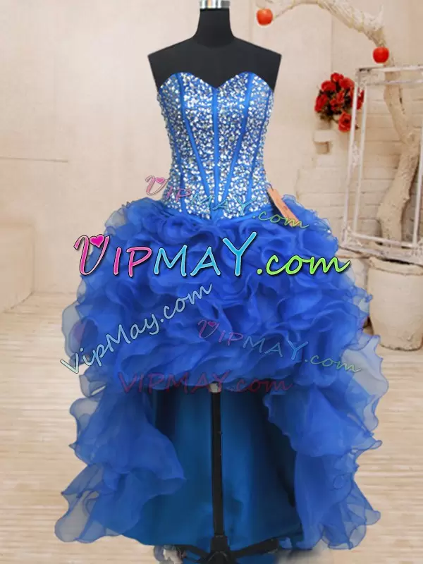 Superior Royal Blue Ball Gowns Sweetheart Sleeveless Organza Floor Length Lace Up Beading and Ruffles Quince Ball Gowns