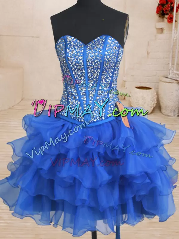 Superior Royal Blue Ball Gowns Sweetheart Sleeveless Organza Floor Length Lace Up Beading and Ruffles Quince Ball Gowns