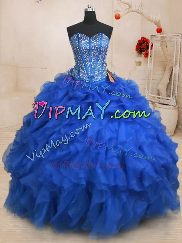 Superior Royal Blue Ball Gowns Sweetheart Sleeveless Organza Floor Length Lace Up Beading and Ruffles Quince Ball Gowns