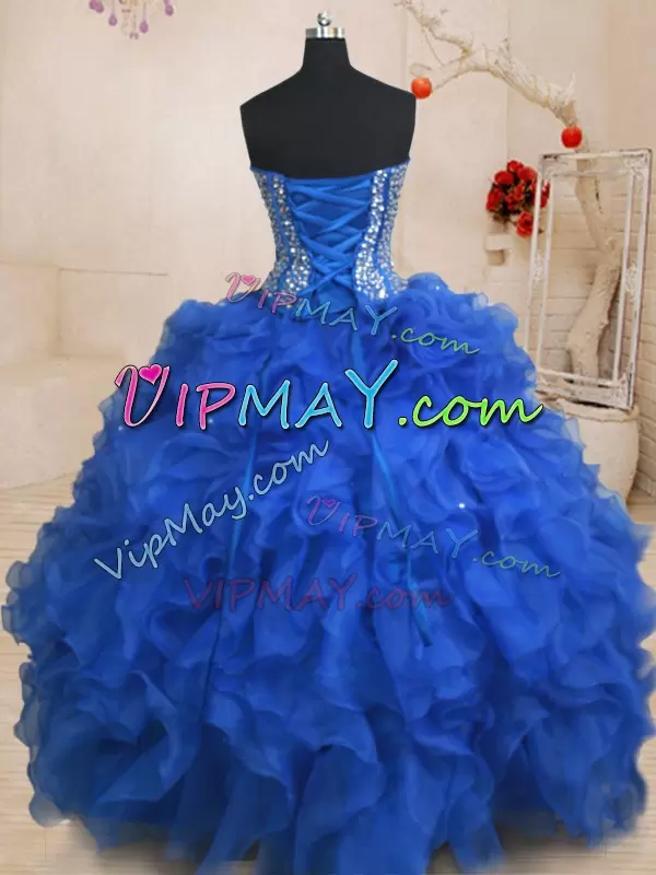 Superior Royal Blue Ball Gowns Sweetheart Sleeveless Organza Floor Length Lace Up Beading and Ruffles Quince Ball Gowns