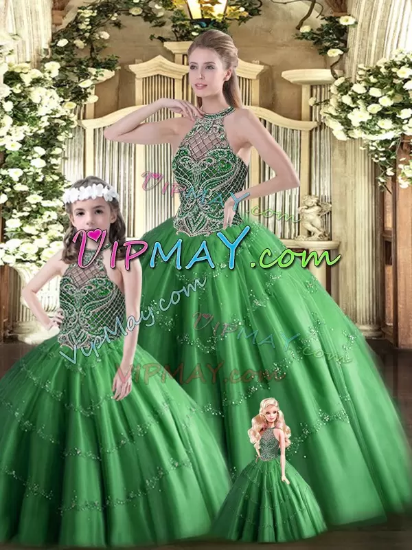 Stylish Floor Length Ball Gowns Sleeveless Dark Green 15 Quinceanera Dress Lace Up