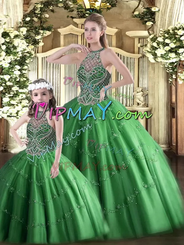 Stylish Floor Length Ball Gowns Sleeveless Dark Green 15 Quinceanera Dress Lace Up