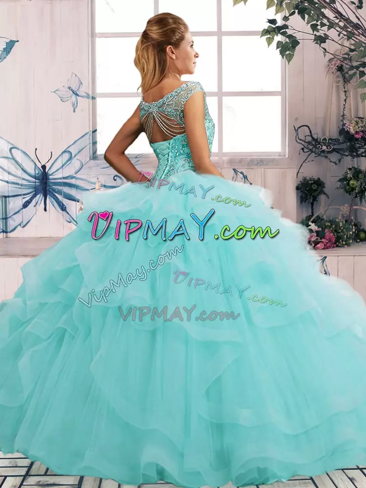 Pretty Sleeveless Tulle Floor Length Lace Up Quinceanera Dresses in Watermelon Red with Beading and Ruffles