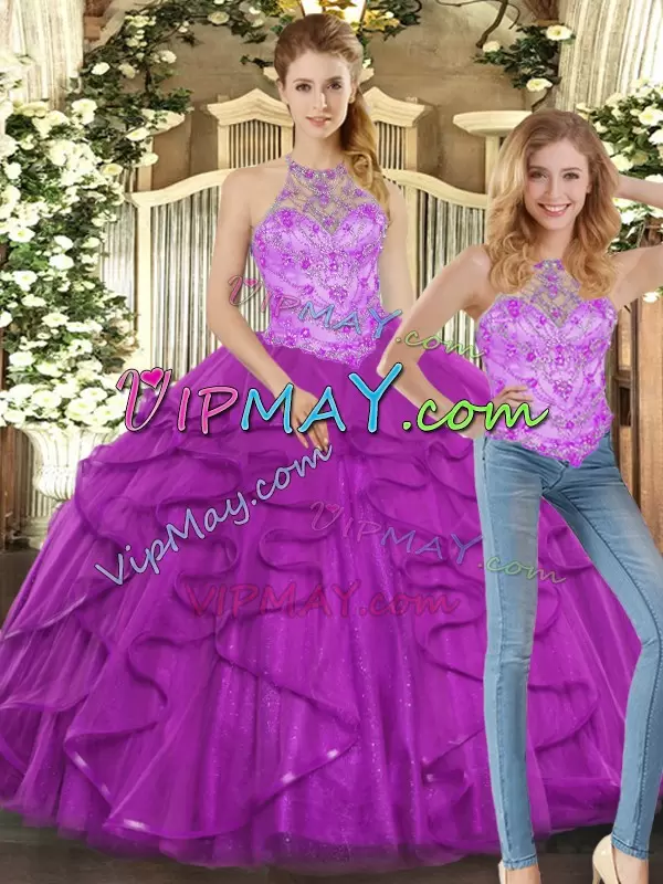 Eye-catching Floor Length Lace Up 15th Birthday Dress Purple for Sweet 16 and Quinceanera with Beading and Ruffles