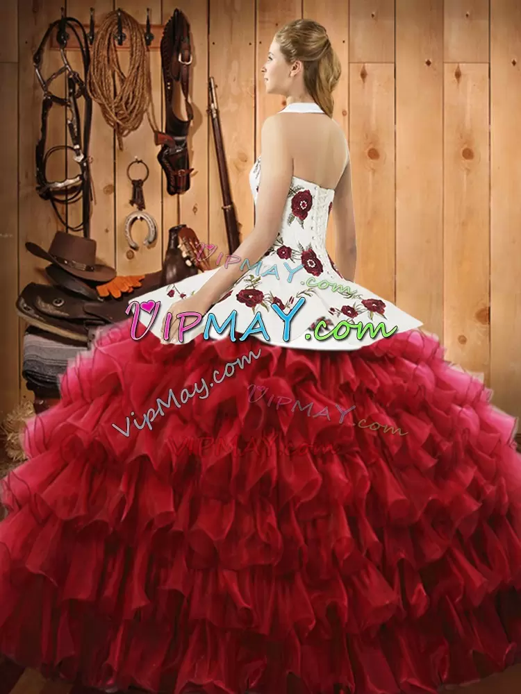 Wine Red Sleeveless Embroidery and Ruffled Layers Floor Length 15 Quinceanera Dress