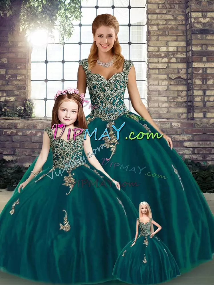 Customized Ball Gowns 15th Birthday Dress Peacock Green Straps Tulle Sleeveless Floor Length Lace Up