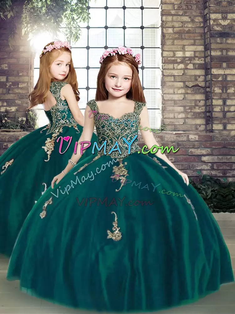 Customized Ball Gowns 15th Birthday Dress Peacock Green Straps Tulle Sleeveless Floor Length Lace Up