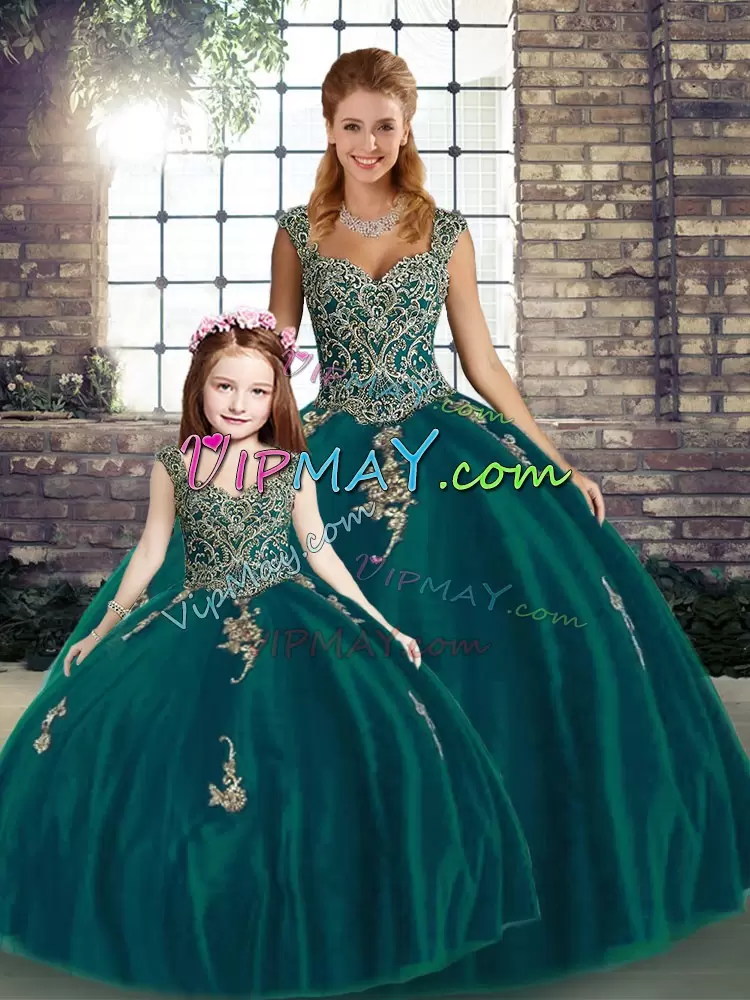 Customized Ball Gowns 15th Birthday Dress Peacock Green Straps Tulle Sleeveless Floor Length Lace Up