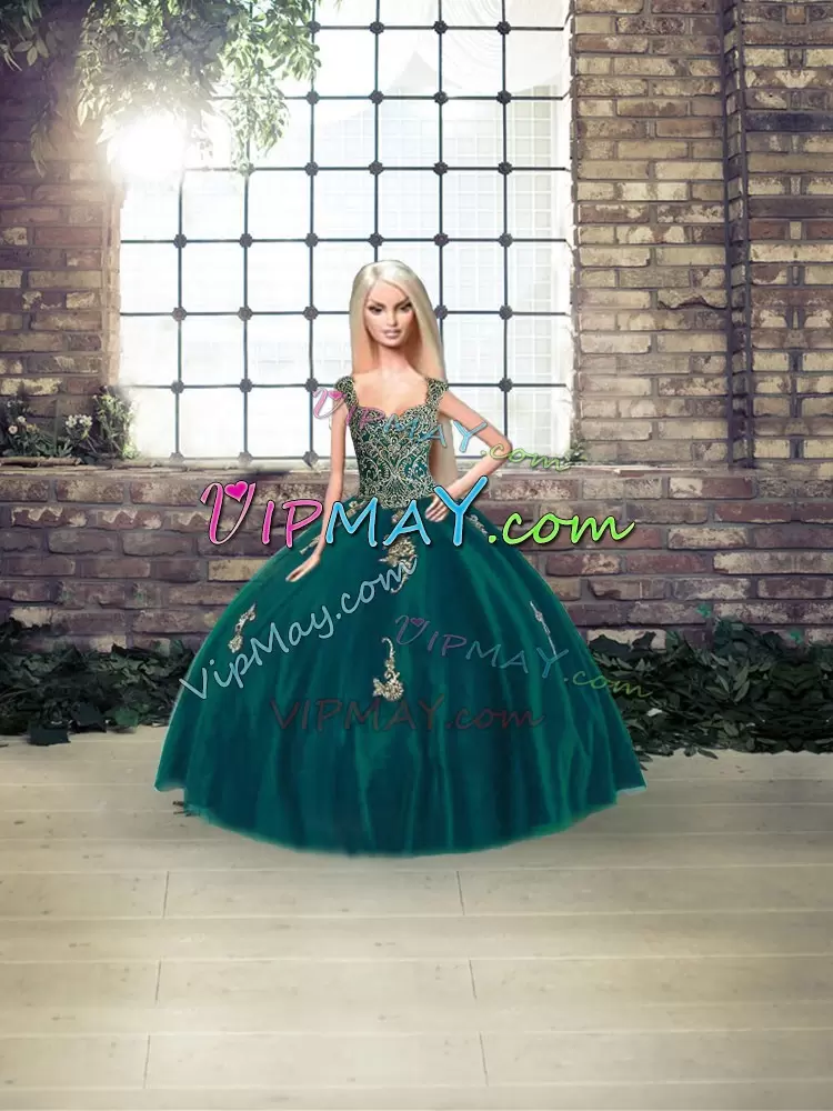 Customized Ball Gowns 15th Birthday Dress Peacock Green Straps Tulle Sleeveless Floor Length Lace Up