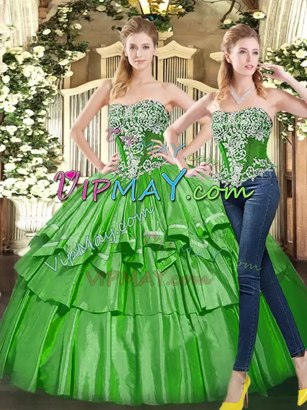 Vintage Green Strapless Lace Up Beading and Ruffled Layers Sweet 16 Dress Sleeveless